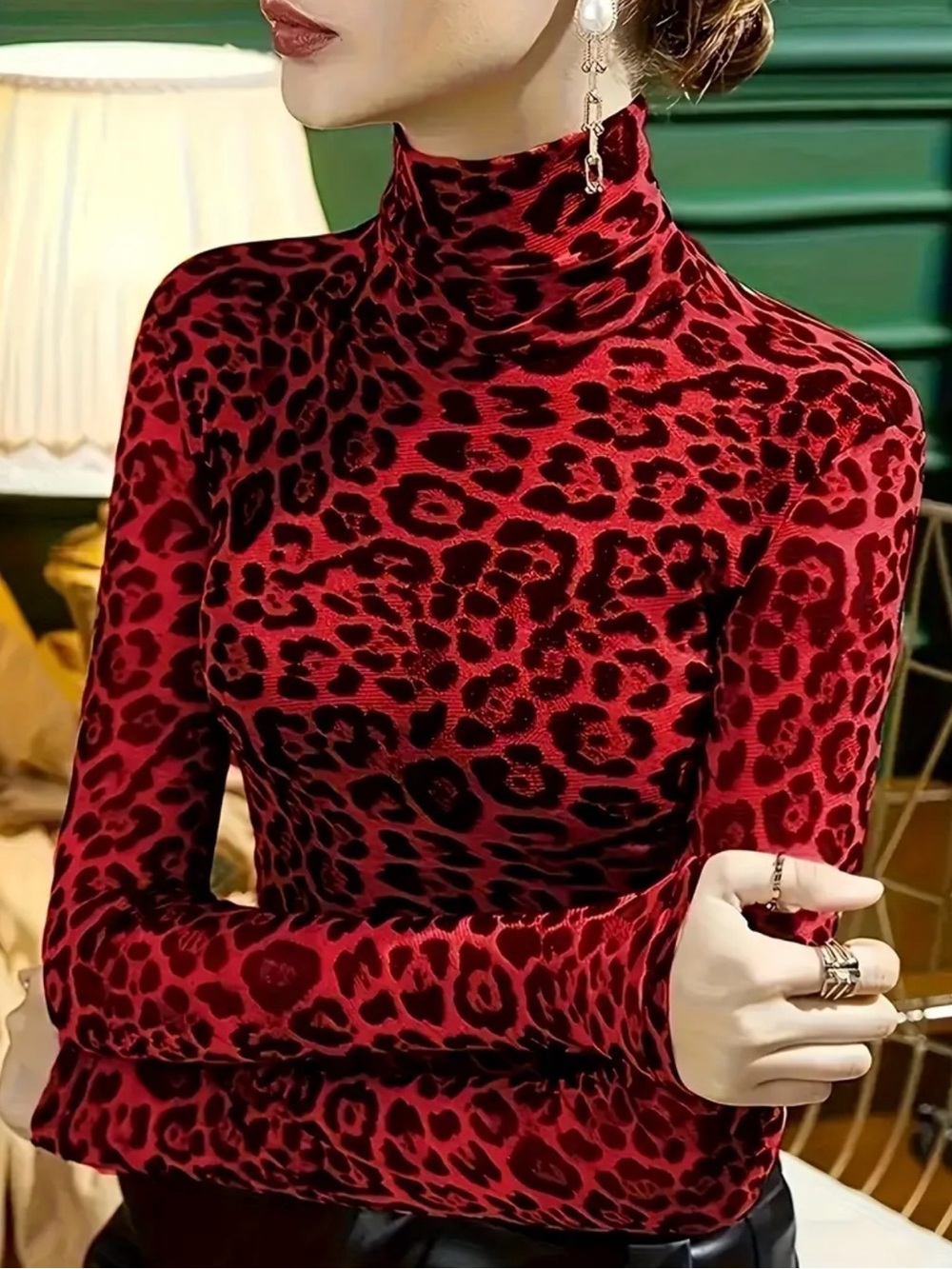 Red Leopard Print Turtleneck Long Sleeve Top
